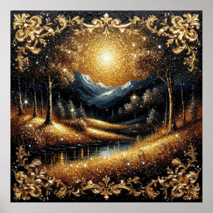 Magical Golden Forest with Sunlit Mountains Poster