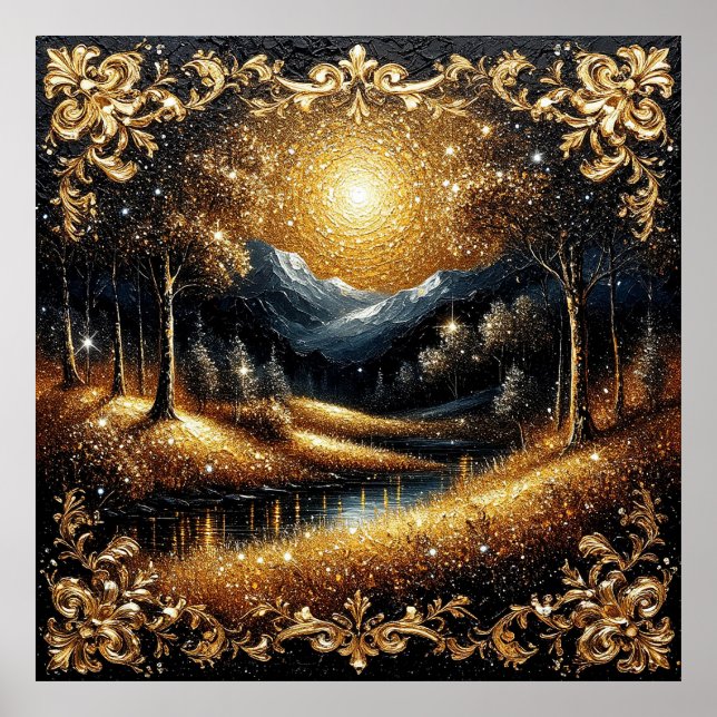 Magical Golden Forest with Sunlit Mountains Poster (Front)