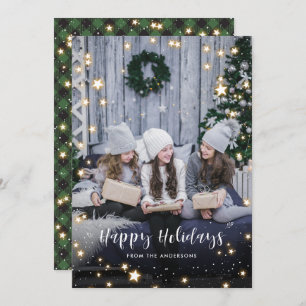 Magical Green Buffalo Plaid Snow Stars Photo Holiday Card