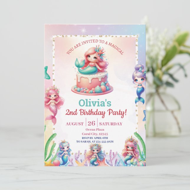 Magical Green Mermaid 2nd Birthday Party Girl Invitation (Standing Front)