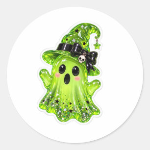 Magical Green Slime Ghost Wearing Witch Hat Classic Round Sticker