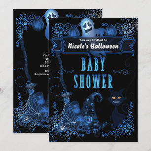Magical Halloween Baby Shower Cat Blue Glow Lights Invitation