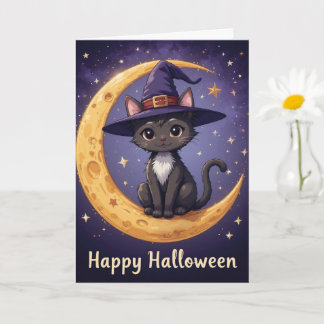 Magical Halloween Black Cat Witch Hat an Moonlight Card