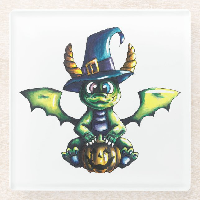 Magical Halloween Dragon Design Glass Coaster (Front)
