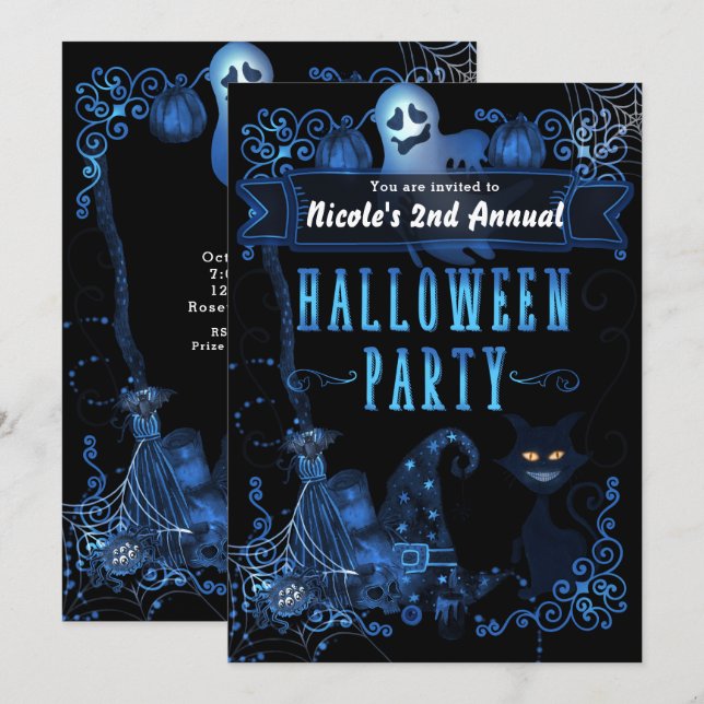 Magical Halloween Party Black Cat Blue Glow Lights Invitation (Front/Back)