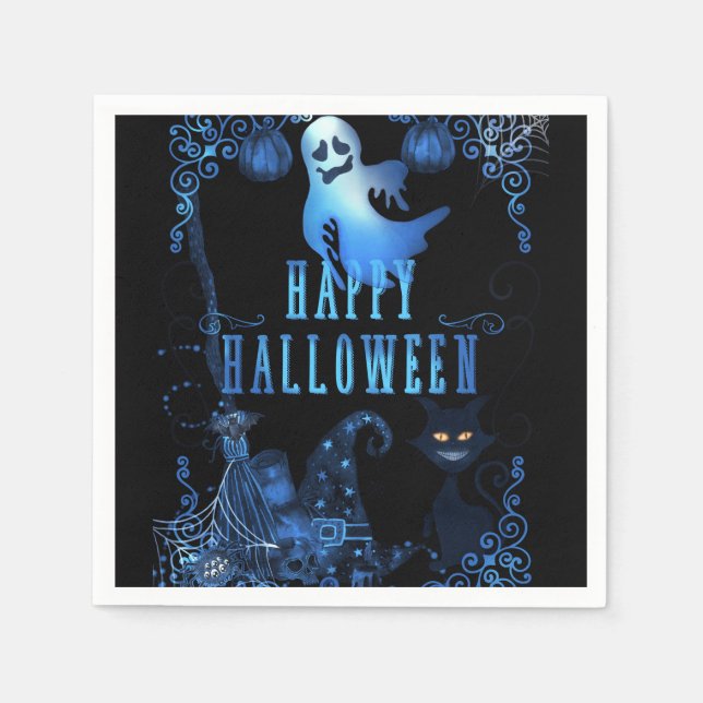 Magical Halloween Party Black Cat Blue Light Glow Napkin (Front)