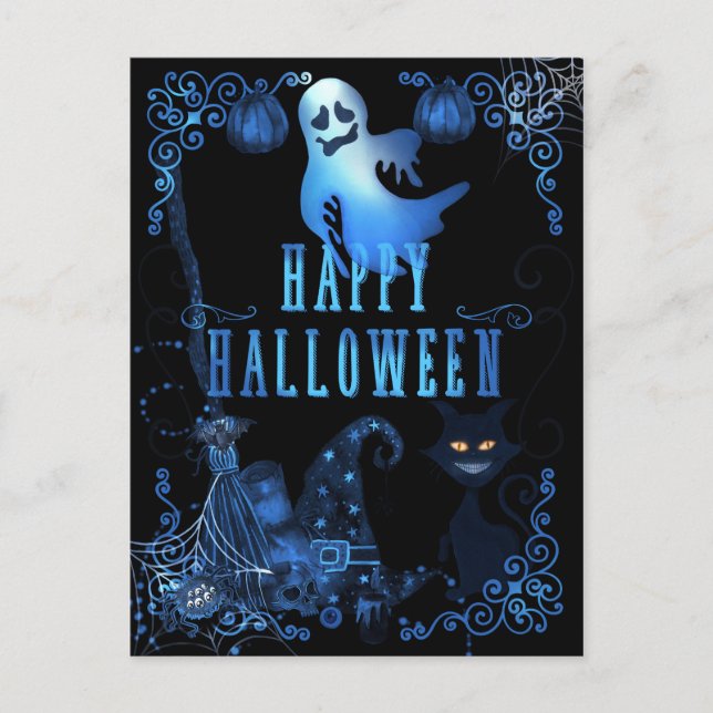 Magical Happy Halloween Black Cat Blue Glow Lights Postcard (Front)