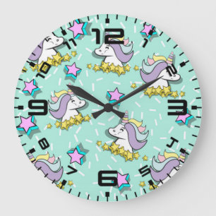 Magical Happy Unicorn And Stars Large Clock
