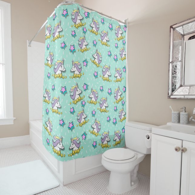 Magical Happy Unicorn And Stars Shower Curtain (In Situ)