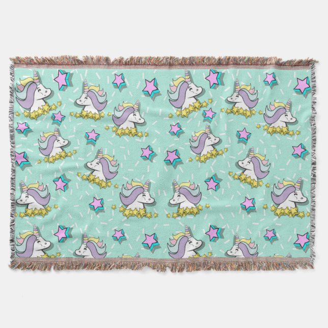 Magical Happy Unicorn And Stars Throw Blanket (Front)