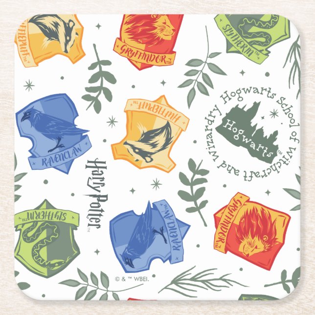 Magical Herbology HOGWARTS™ Houses Pattern Square Paper Coaster (Front)