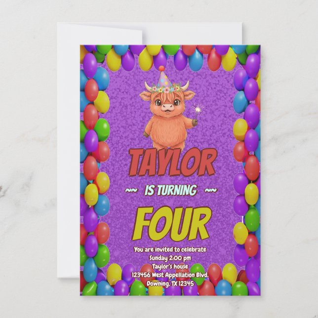 Magical Highland Cow 4th Birthday Invite (Front)