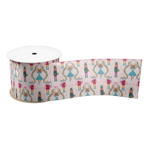 Magical Holiday Nutcracker Pattern Pink Satin Ribbon