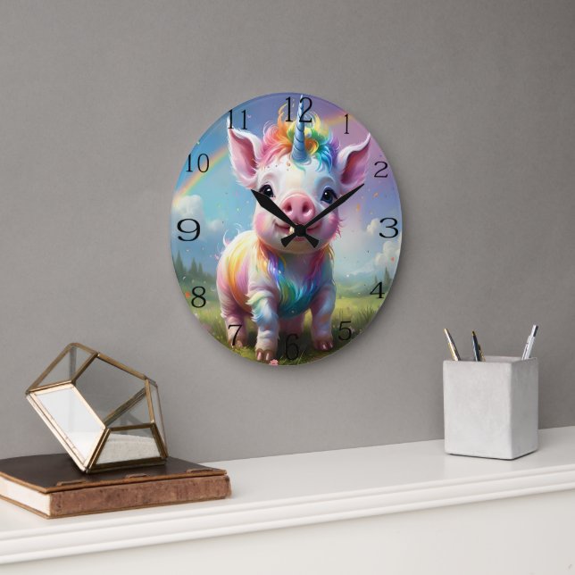 "Magical Hooves: The Rainbow Unicorn Pig" Large Clock (Office)