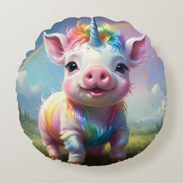 "Magical Hooves: The Rainbow Unicorn Pig" Round Cushion (Front)