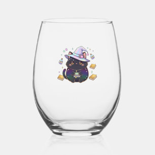 Magical Introvert Cat  Pastel Witch Hat Halloween  Stemless Wine Glass
