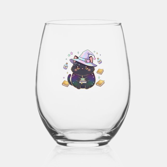 Magical Introvert Cat  Pastel Witch Hat Halloween  Stemless Wine Glass (Front)