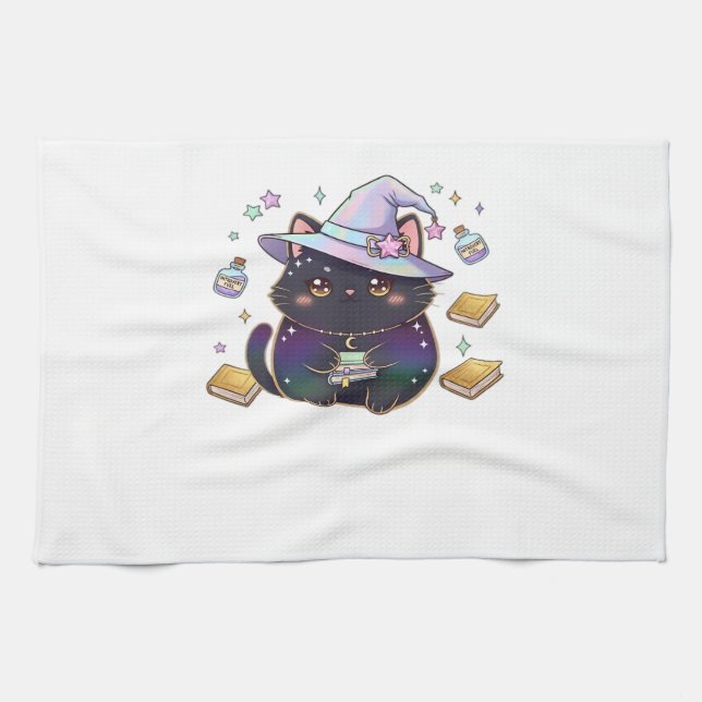 Magical Introvert Cat  Pastel Witch Hat Halloween  Tea Towel (Horizontal)