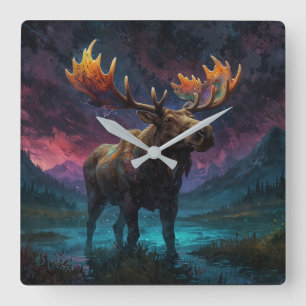 Magical Jasper Moose and Rocky Mountains Square Wall Clock