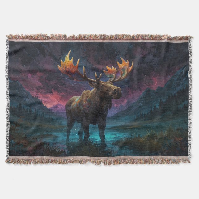 Magical Jasper Moose and Rocky Mountains Throw Blanket (Front)
