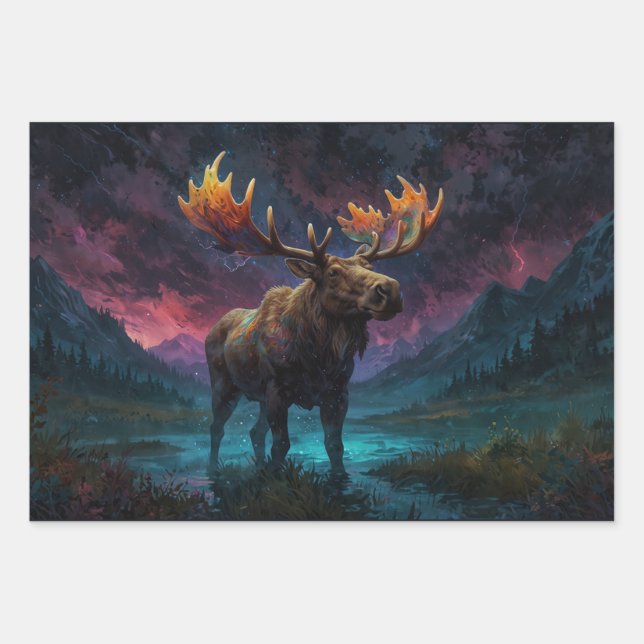 Magical Jasper Moose and Rocky Mountains Wrapping Paper Sheet (Front)