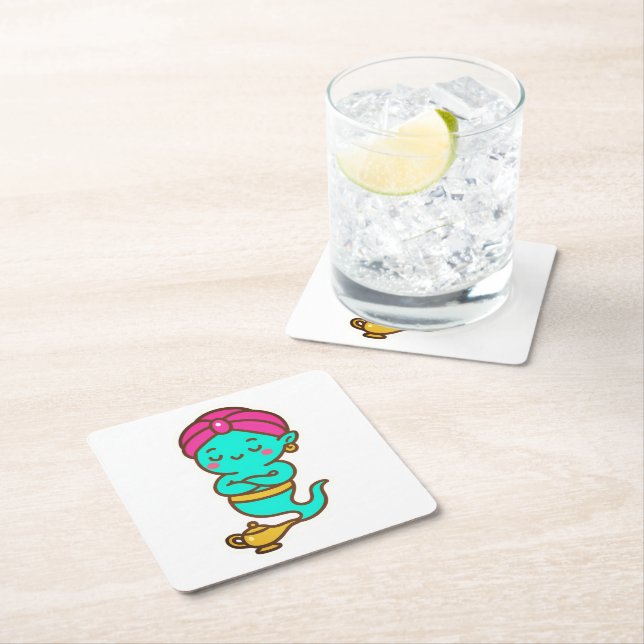 Magical Kawaii Djinn – Neon Spirit Square Paper Coaster (Insitu)