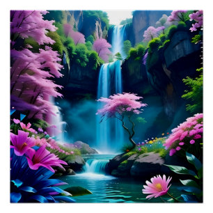 Magical Landscape Waterfall and Flower One Poster