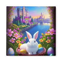 Magical landscape with rabbit and magical castles 