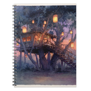 Magical Lantern-Lit Treehouse Illustration Notebook