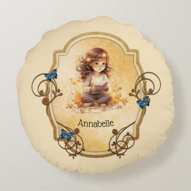 Magical Little Girl Reading a Book  Round Cushion (Back)
