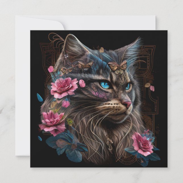 Magical Maine Coon cat and  pink flowers AI art (Front)
