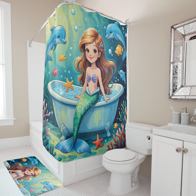 Magical Mermaid Bath Time with Dolphins Shower Curtain (Creator Uploaded)