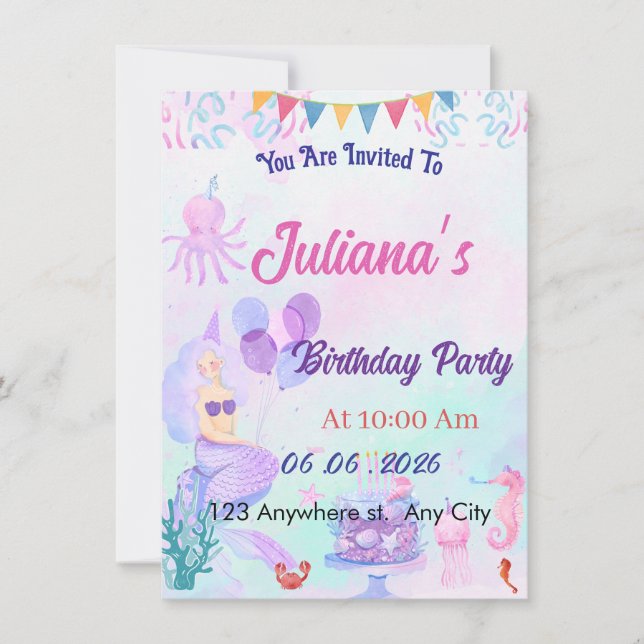 Magical  Mermaid Birthday Invitation Card (Front)