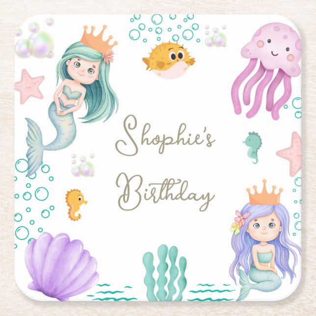 Magical Mermaid Birthday Party  Square Paper Coaster (Front)
