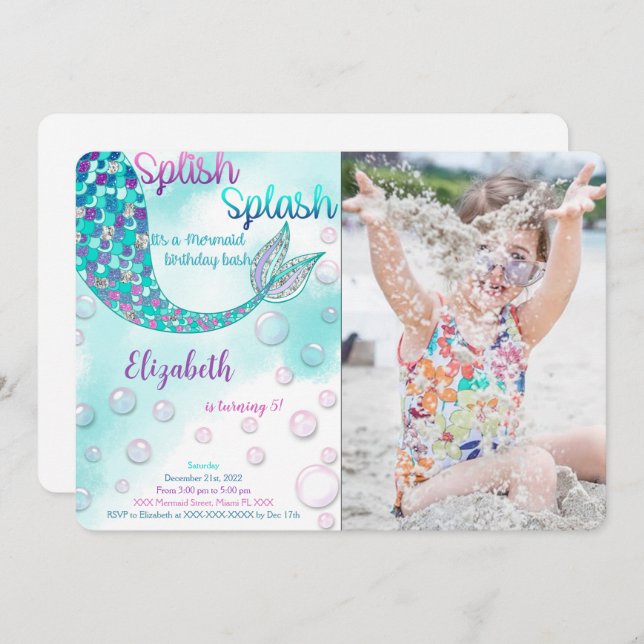 Magical Mermaid Birthday Photo Invitation (Front/Back)