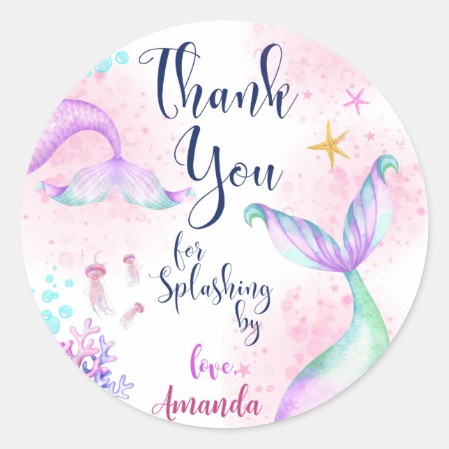 Magical Mermaid Birthday Thank You Favour Classic Round Sticker (Front)