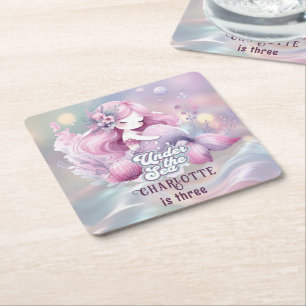 Magical Mermaid Children's Birthday Party Square Paper Coaster