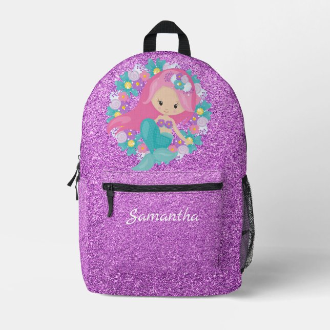 Magical Mermaid Girl – Purple Glitter Personalised Printed Backpack (Front)