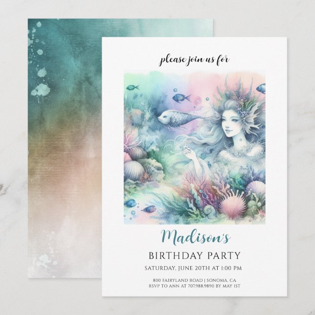 Magical Mermaid Girl's Watercolor Birthday Invitation (Front/Back)