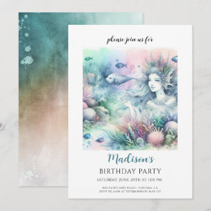 Magical Mermaid Girl's Watercolor Birthday Invitation