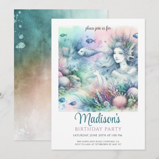 Magical Mermaid Girl's Watercolor Birthday Invitation (Front/Back)