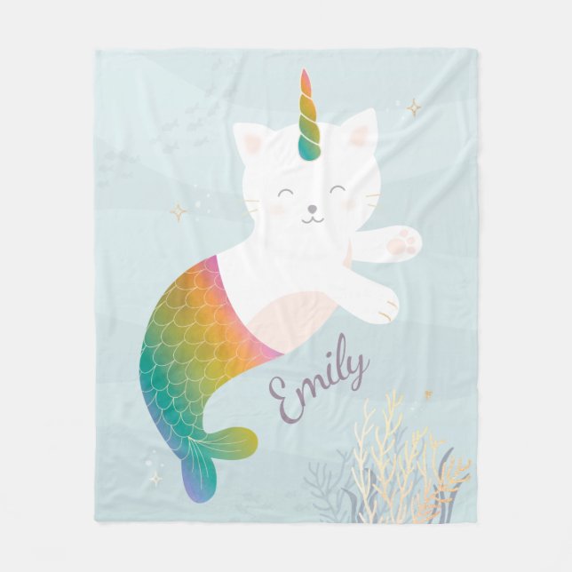 Magical Mermaid Kitty Rainbow Glitter Personalised Fleece Blanket (Front)