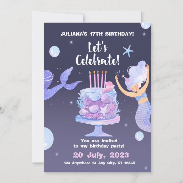 Magical Mermaid Pink Purple Birthday Invitation (Front)