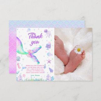 Magical Mermaid Pink Purple Birthday Thank You Card