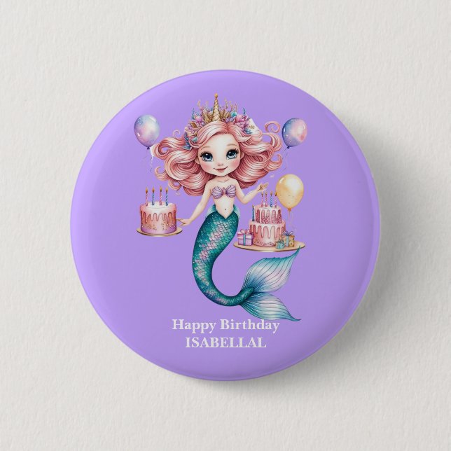 Magical mermaid rainbow Pastel Birthday girl party 6 Cm Round Badge (Front)