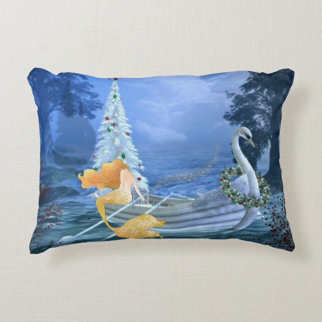 Magical Mermaid, Swan Boat, Christmas Tree Holiday Decorative Cushion (Front)