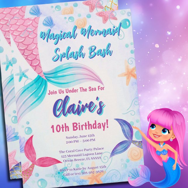 Magical Mermaid Tail Watercolor Birthday  Invitation (Magical Mermaid Birthday Party Invitation)