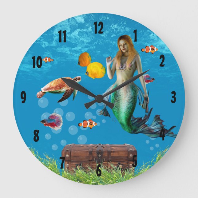 Magical Mermaid Treasure Hunt Blue Ocean Fantasy Large Clock (Front)