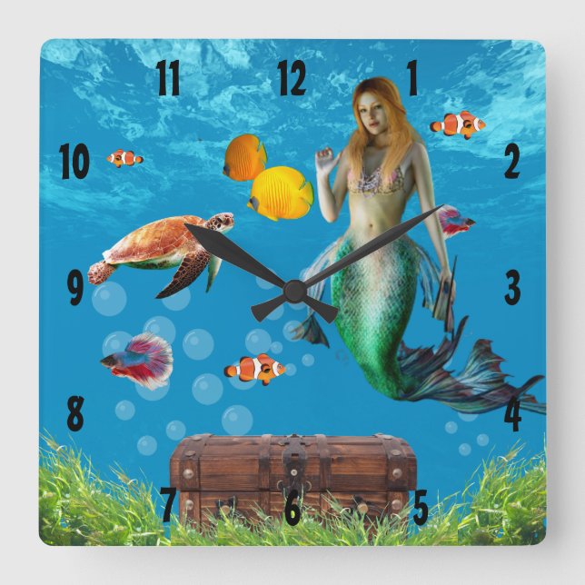 Magical Mermaid Treasure Hunt Blue Ocean Fantasy Square Wall Clock (Front)