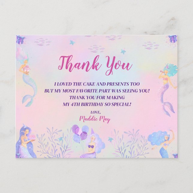 Magical Mermaid Under the Sea Girls Thank You Postcard (Front)